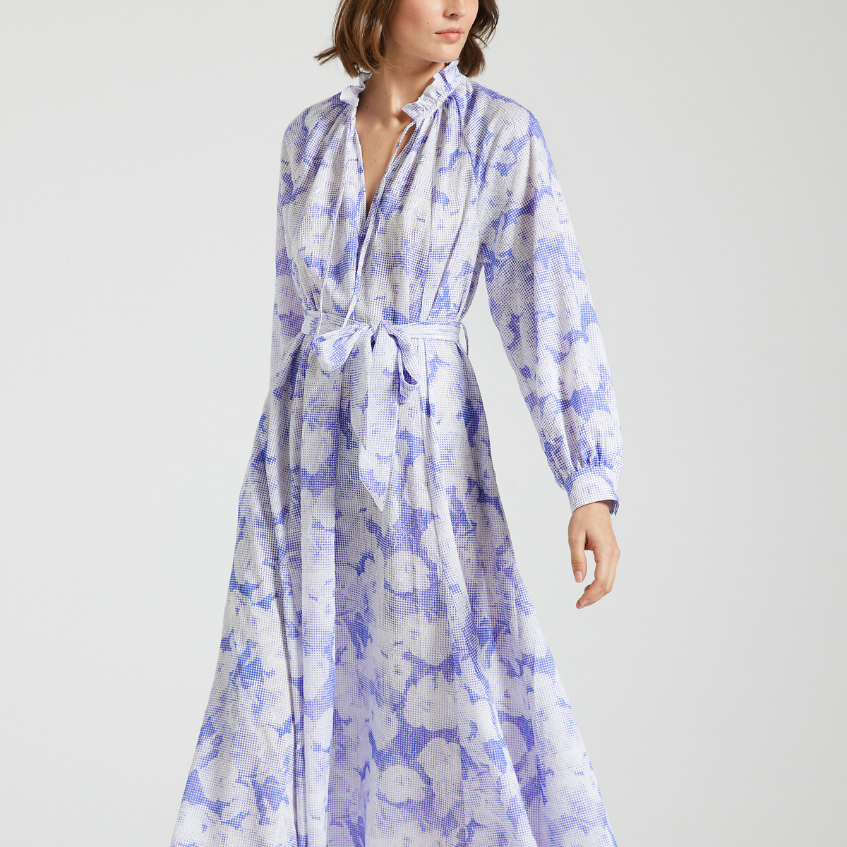 Karookhi Floral Maxi Dress with Pussy Bow and Long Sleeves