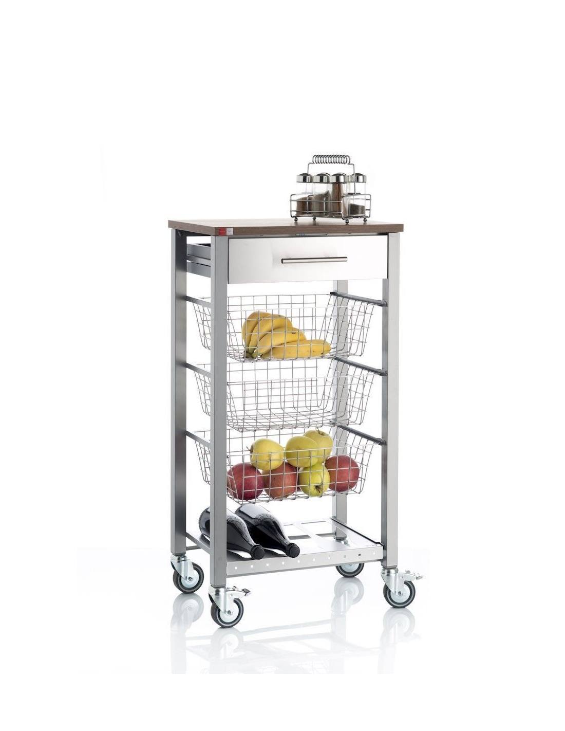 Desserte de cuisine à roulettes ONDA ALUMINIUM avec 3 paniers, tiroir et porte-bouteilles, DON HIERRO