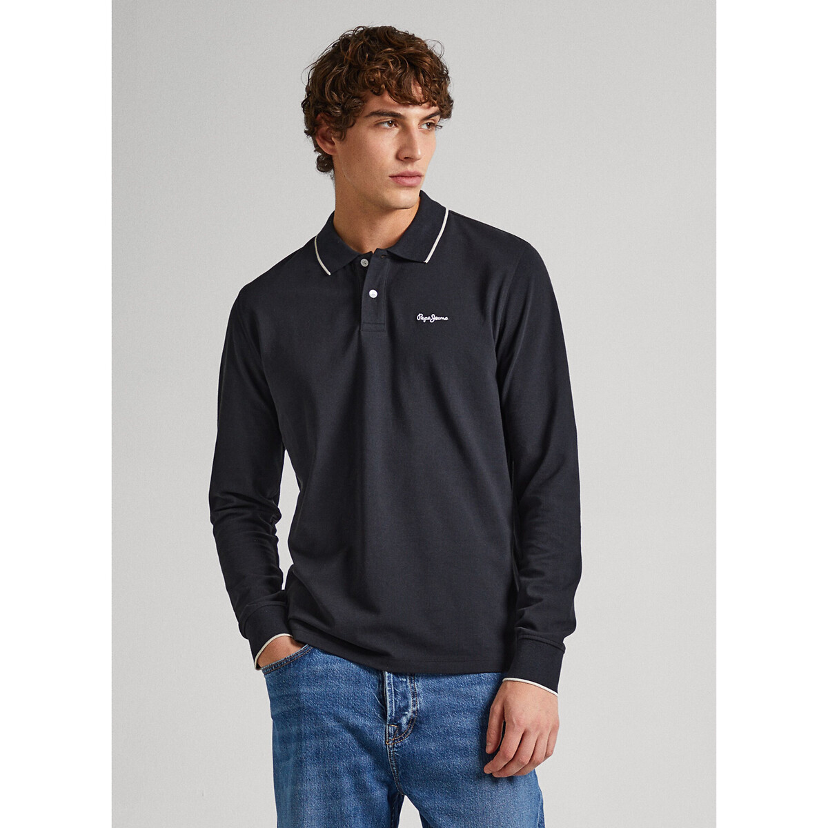 Image of Cotton Polo Shirt with Contrasting Collar and Long Sleeves