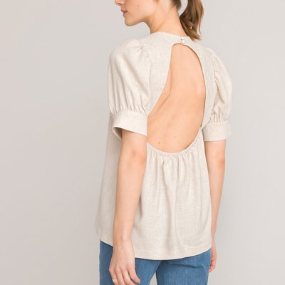 Round Neck Blouse with Short Puff Sleeves LA REDOUTE COLLECTIONS