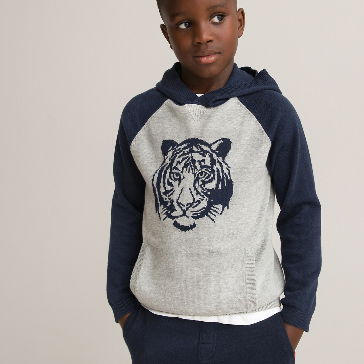 Organic Cotton Knitted Hoodie with Tiger Print in Fine Knit, 3-12 Years