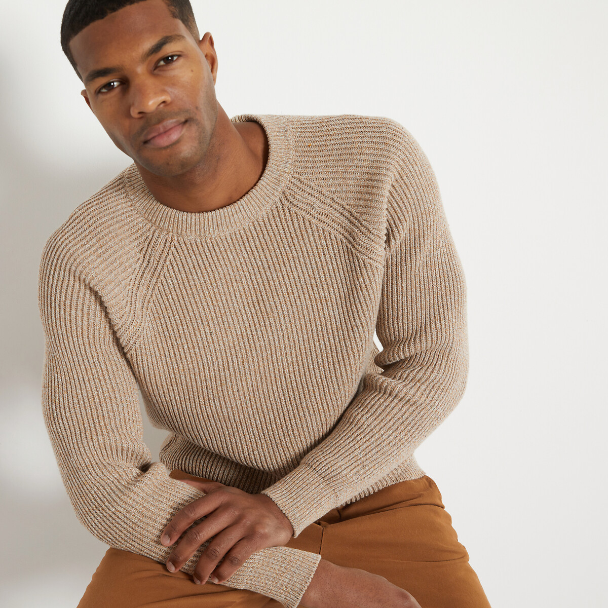 Cotton Mix Jumper in Stranded Knit with Crew Neck