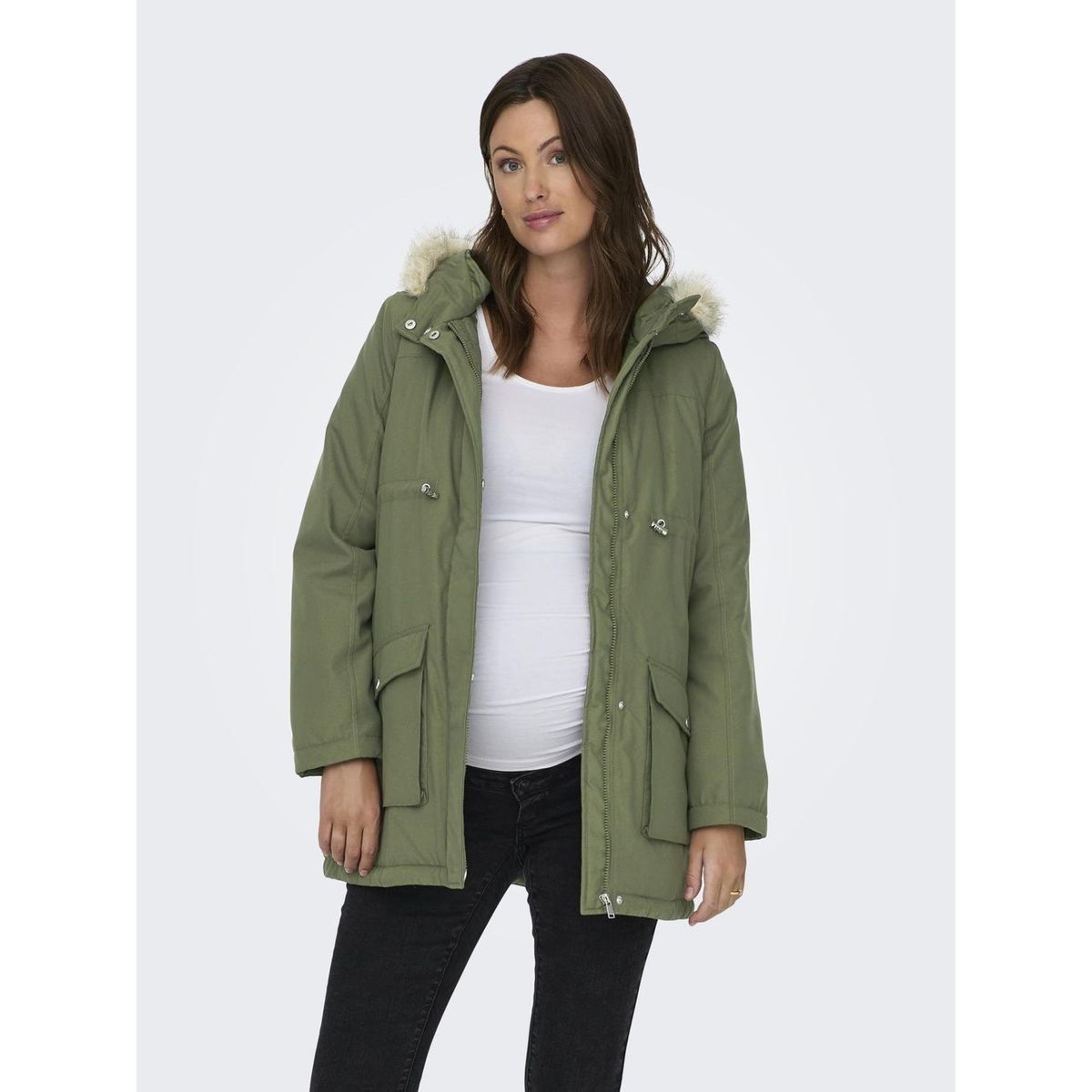 Parka longue Parkas Capuche avec bord en fausse fourrure détachable Grossesse, ONLY