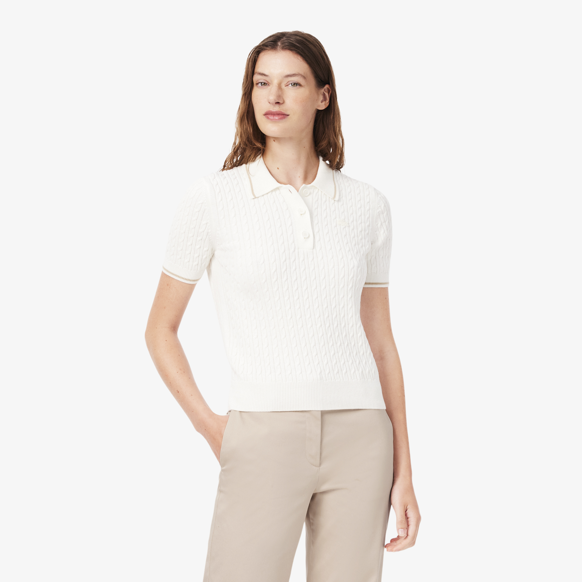 Pull col polo maille torsadée rayures, LACOSTE