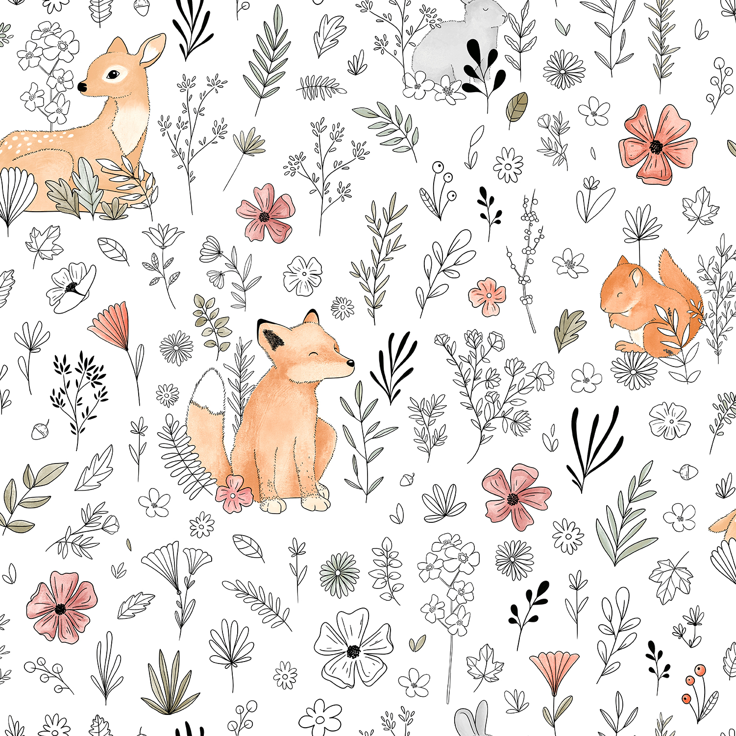 Papier peint enfant renard biche fleurs fond blanc, HEXOA