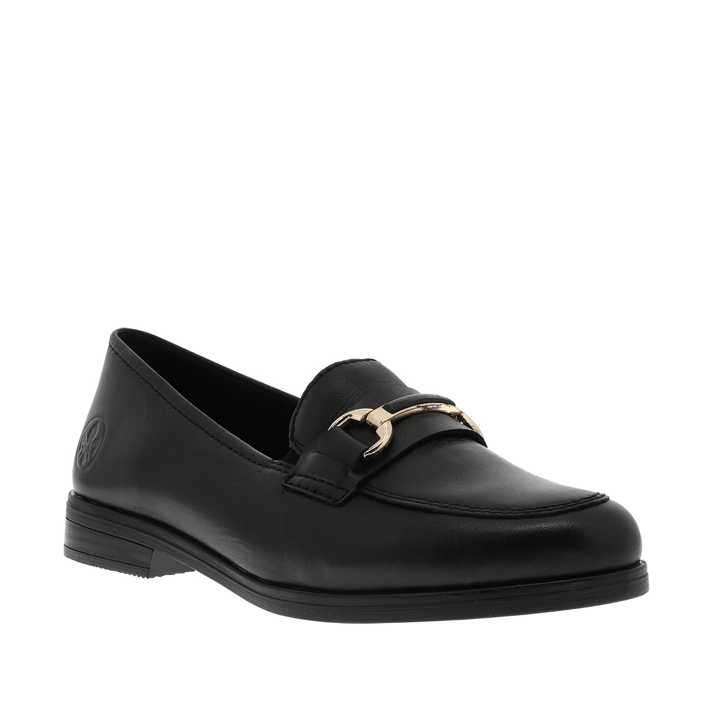 Mocassins en cuir noirs avec un talon décroché bas et des soufflets élastiqués, RIEKER