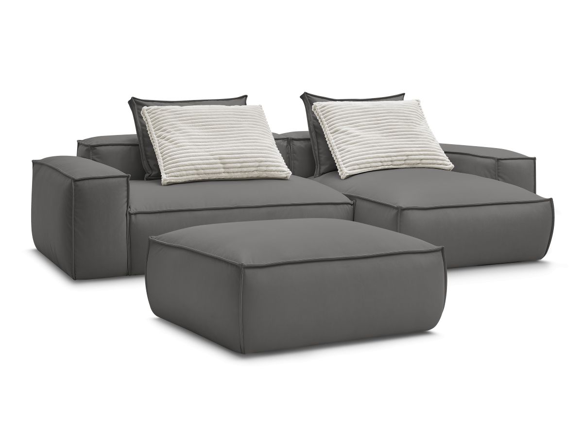 Canapé d'angle fixe 4 places en cuir végan avec pouf, BOHEME, BOBOCHIC