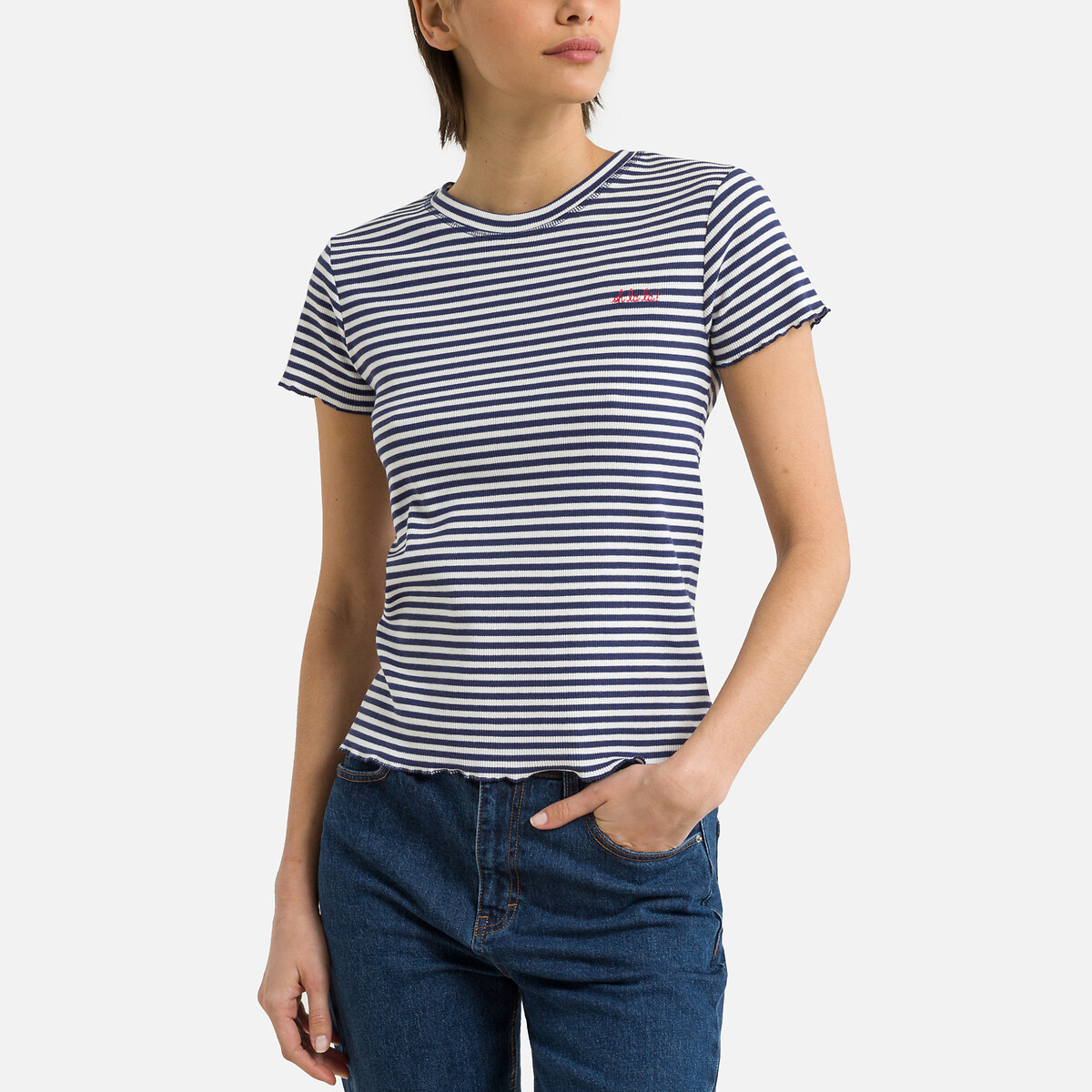 Striped Organic Cotton T-Shirt with Short Sleeves and Crew Neck
