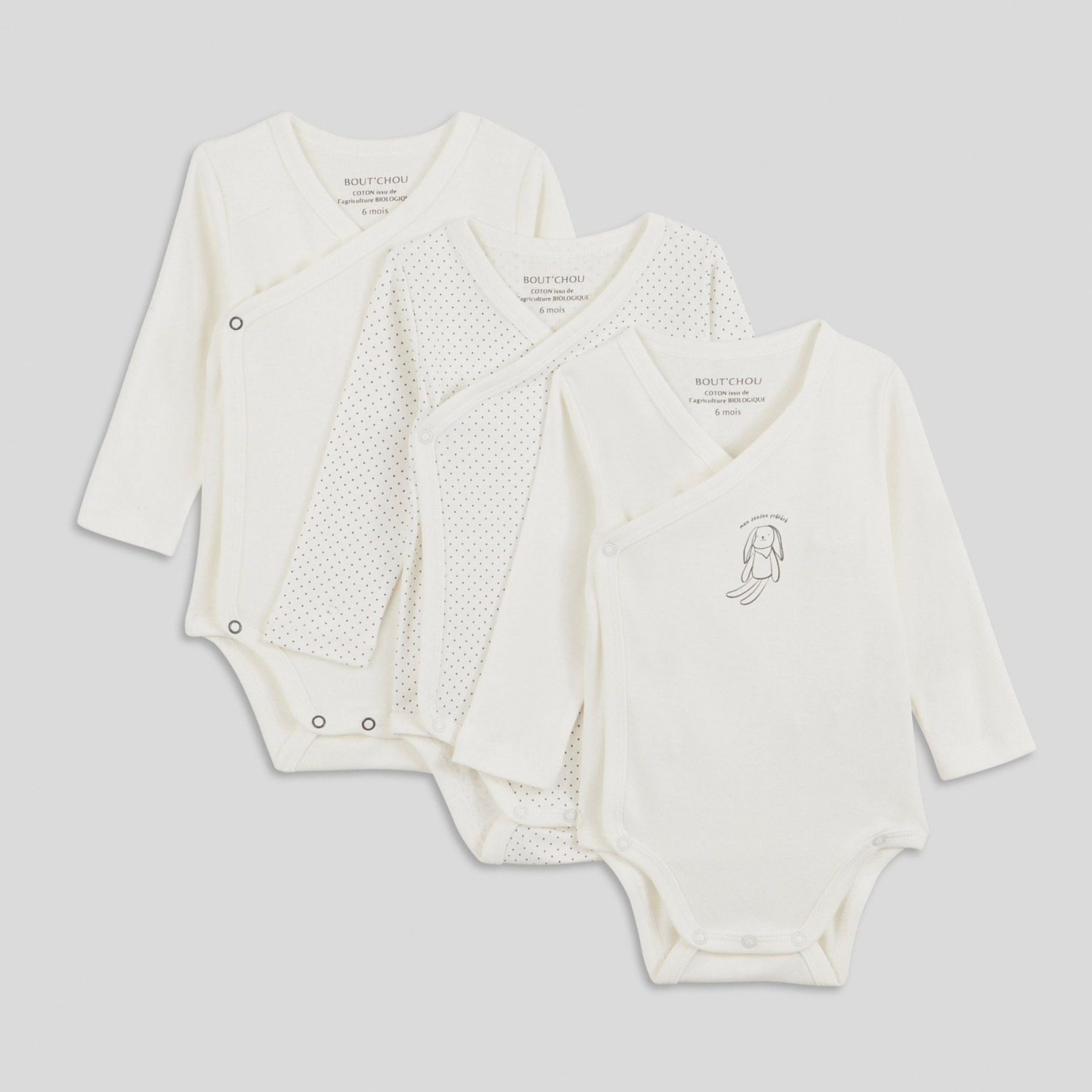 Lot de 3 bodies manches longues croisés en coton BIO, certifié GOTS et OEKO TEX, BOUT'CHOU