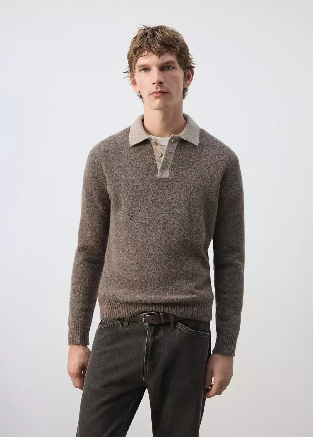 Pull-over polo maille laine et alpaga mélangés, MANGO MAN