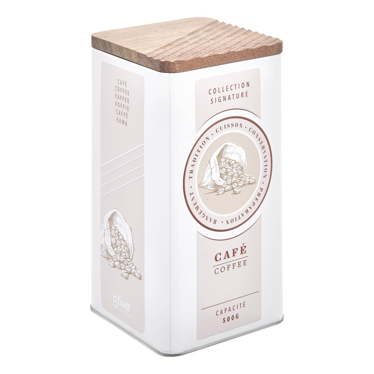 Boîte à café 1,6L en fer blanc avec couvercle acacia, 5FIVE SIMPLY SMART