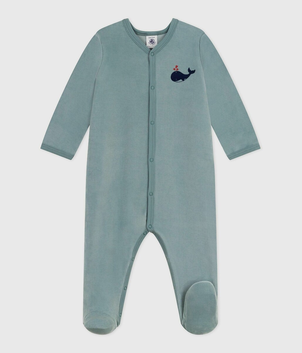 Pyjama bébé en velours uni, petits cœurs poitrine