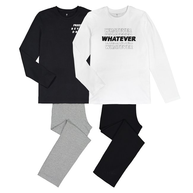 Lot de 2 pyjamas manches longues en coton noir + blanc + gris <span itemprop=