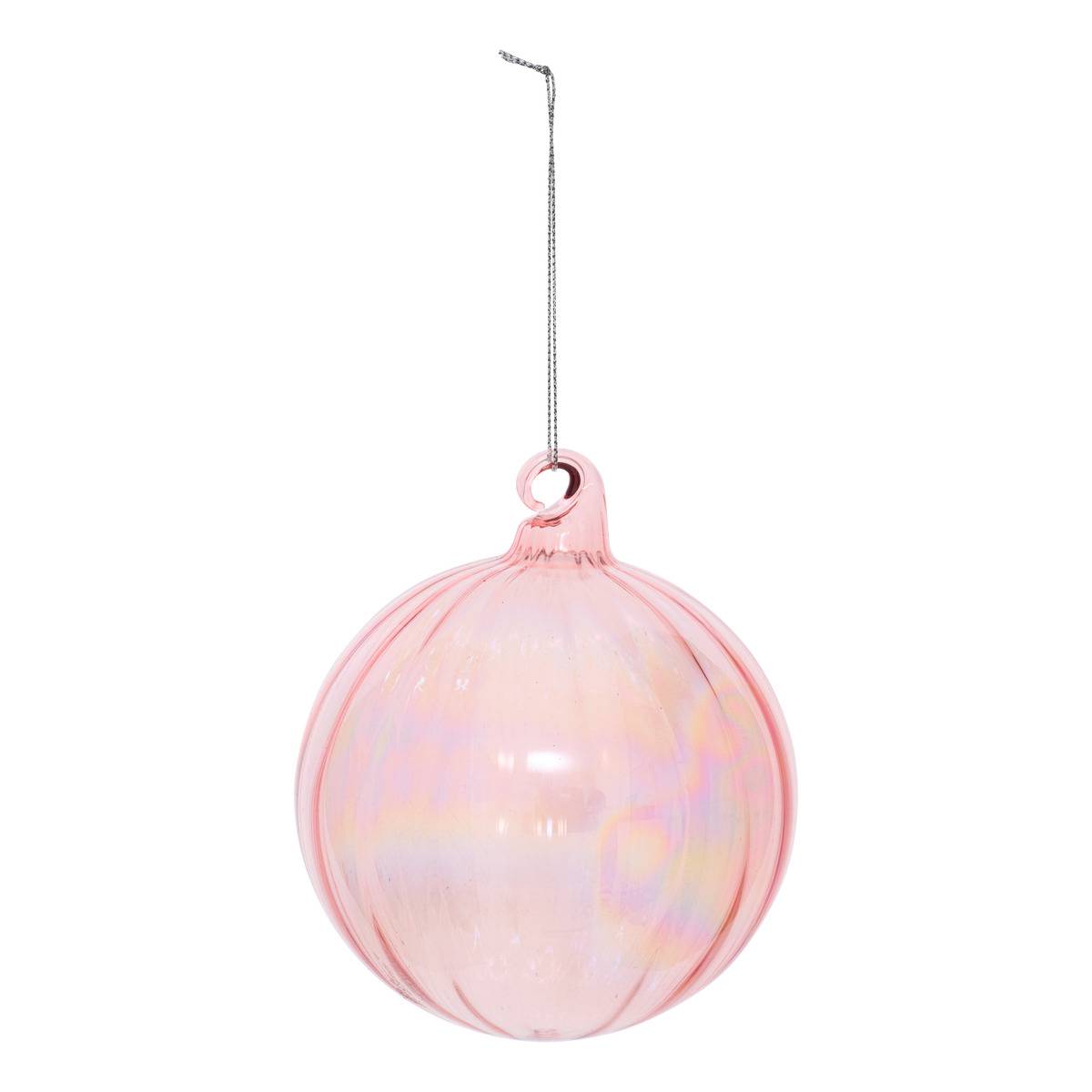 Boule de Noël en verre striée rose D. 100 mm, FEERIC LIGHTS & CHRISTMAS