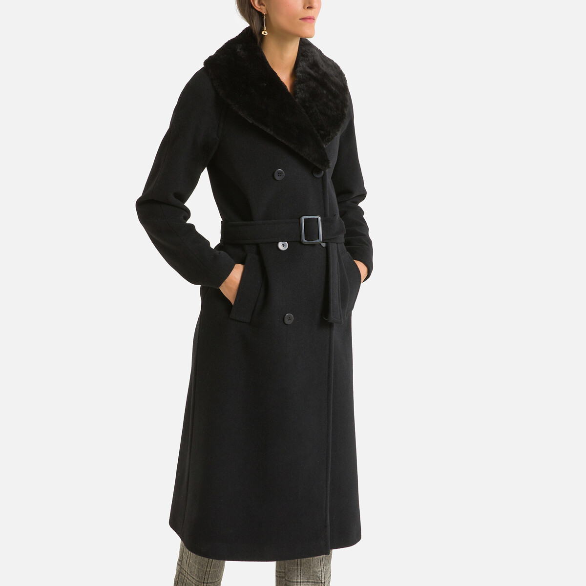 Image of Wool Mix Double-Breasted Coat with Faux Fur Collar and Pockets