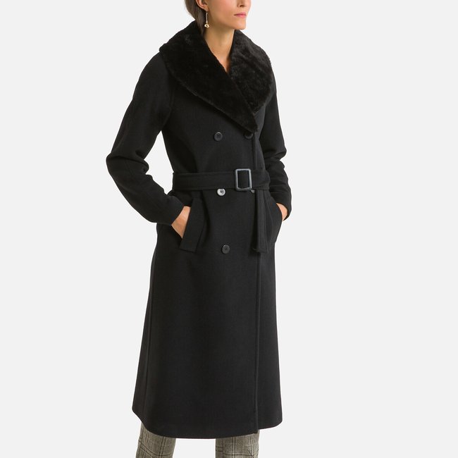 Wool Mix Double-Breasted Coat with Faux Fur Collar and Pockets, black/black, ANNE WEYBURN