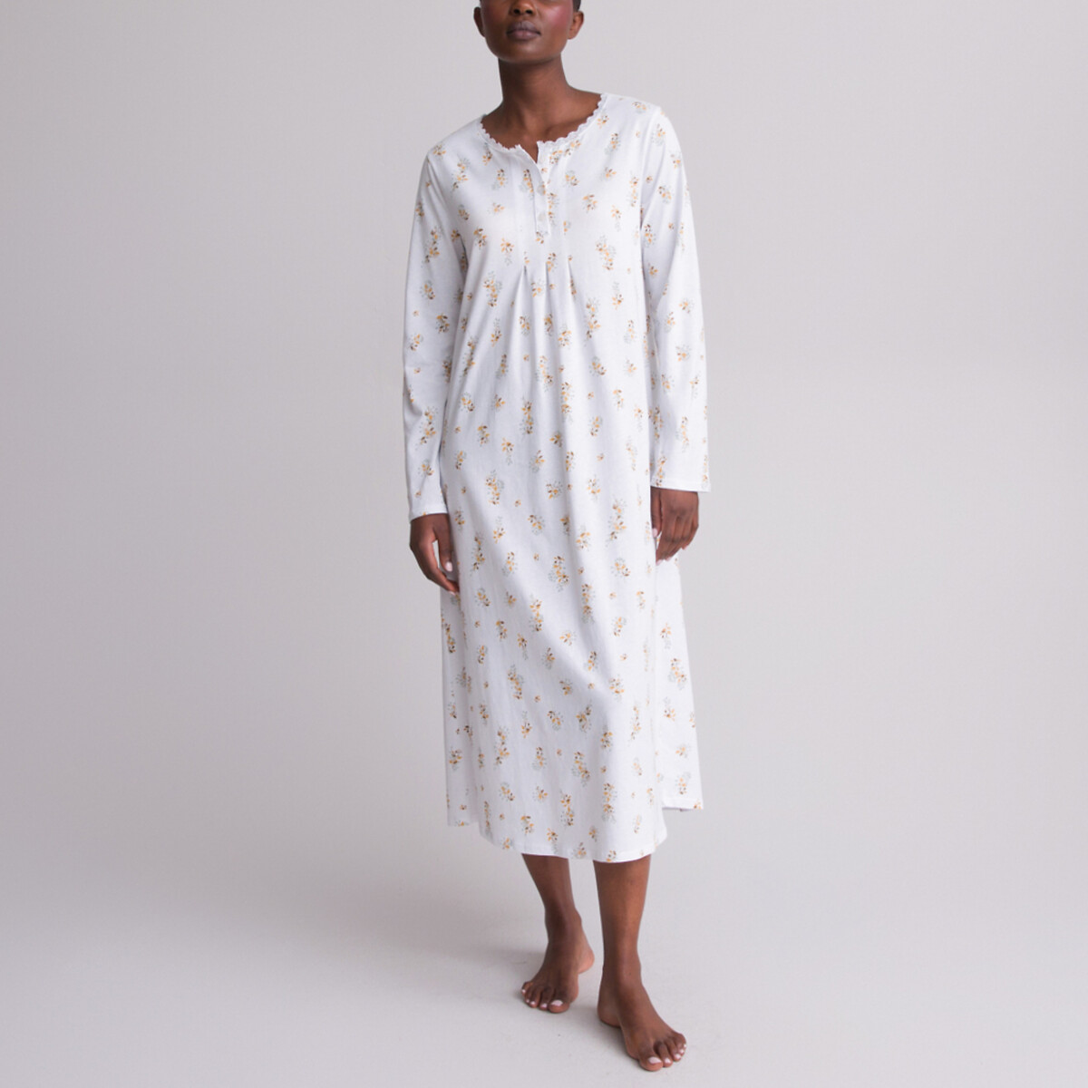 Image of Floral Print Cotton Nightdress with Long Sleeves