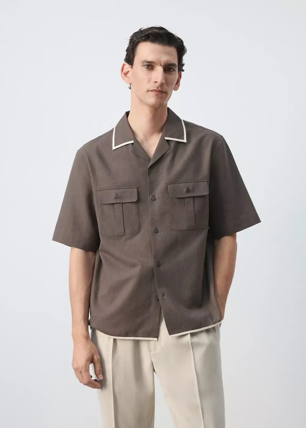 Chemise en mélange de coton et lin col bowling, MANGO MAN