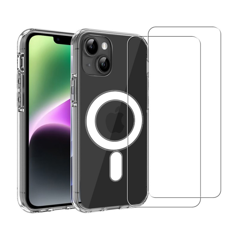 Coque Anti-choc compatible Magsafe pour iPhone 14 Plus Transparente + 2 vitres, EVETANE