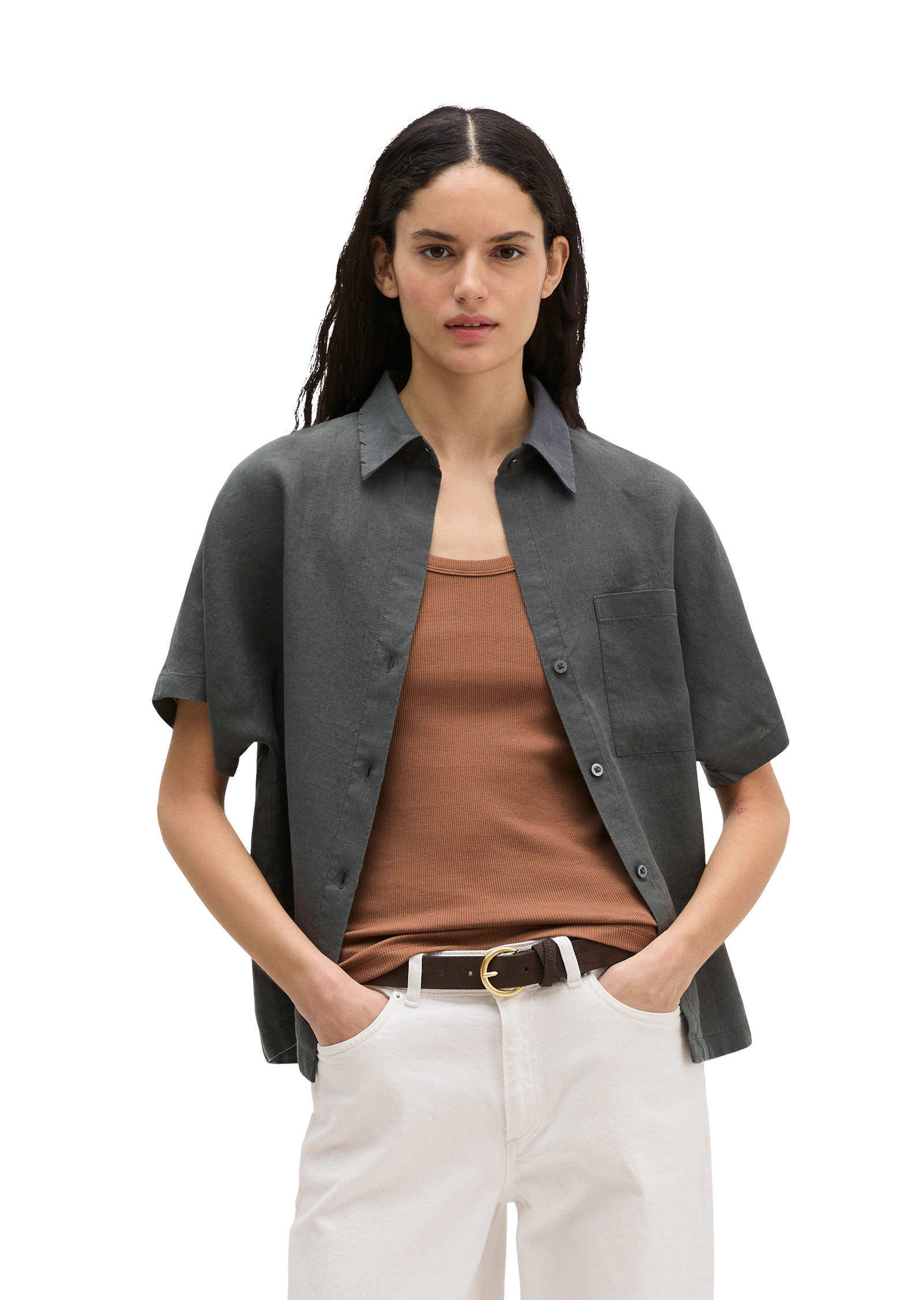 Blouse en lin à manches courtes regular avec de larges plis dans le dos, MARC O'POLO