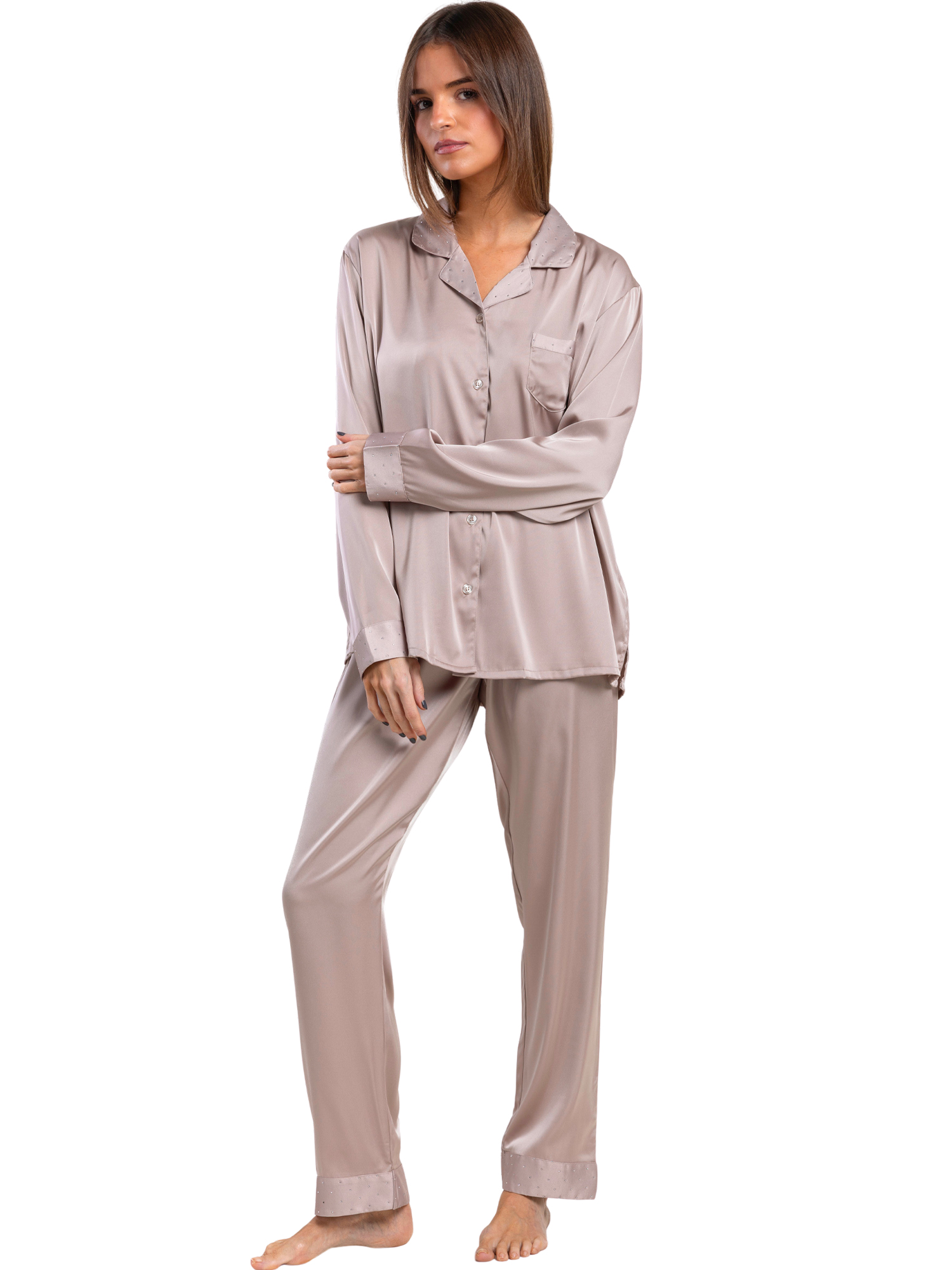 Pyjama pantalon chemise manches longues Crystal Satin, ADMAS