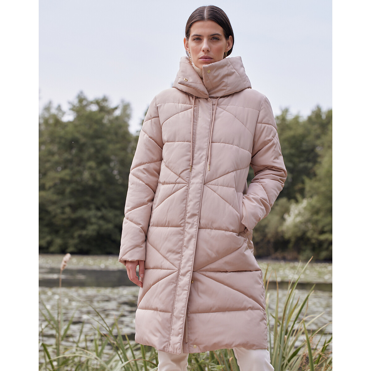 Mid-length padded jacket with integral hood, beige, Anne Weyburn | La ...