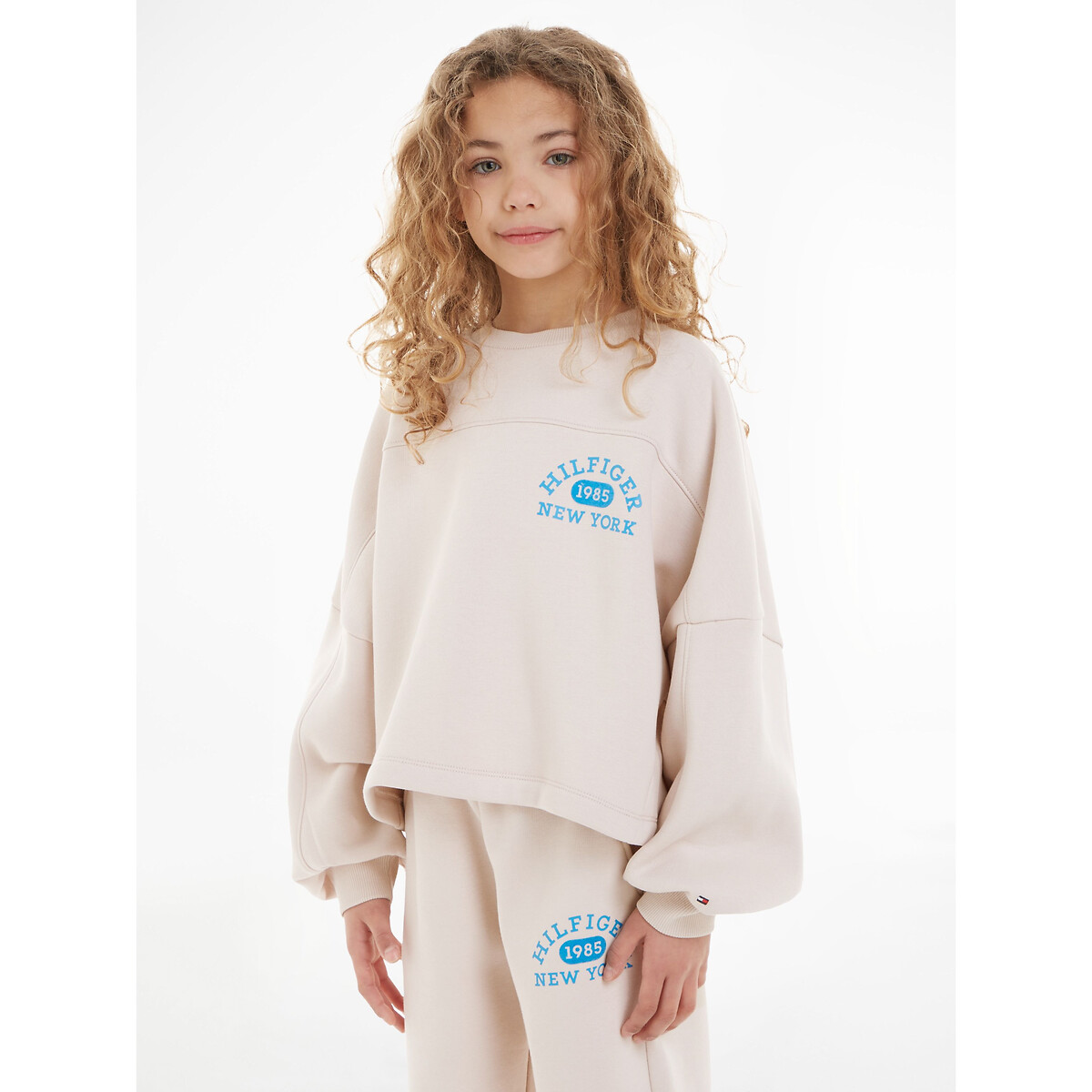 Varsity Logo Print Sweatshirt in Cotton Mix with Balloon Sleeves and Crew Neck