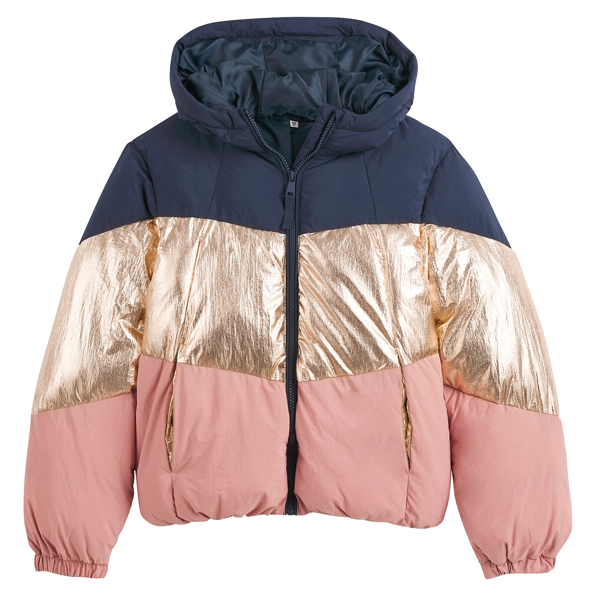 Colour block warm padded jacket with hood navy gold pink La Redoute Collections La Redoute