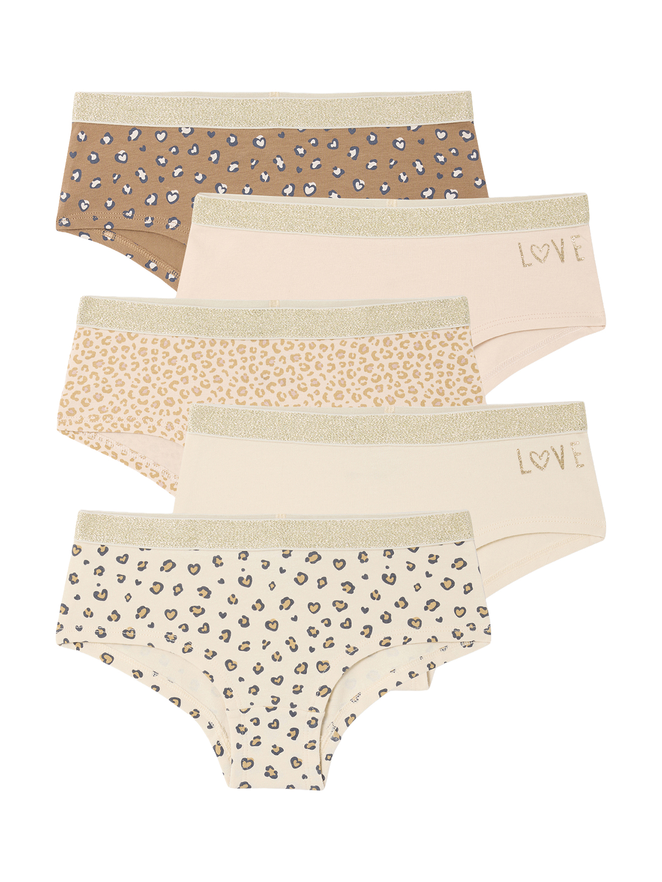 Lot de 5 Shorties Léopard et Love Fille, VERTBAUDET
