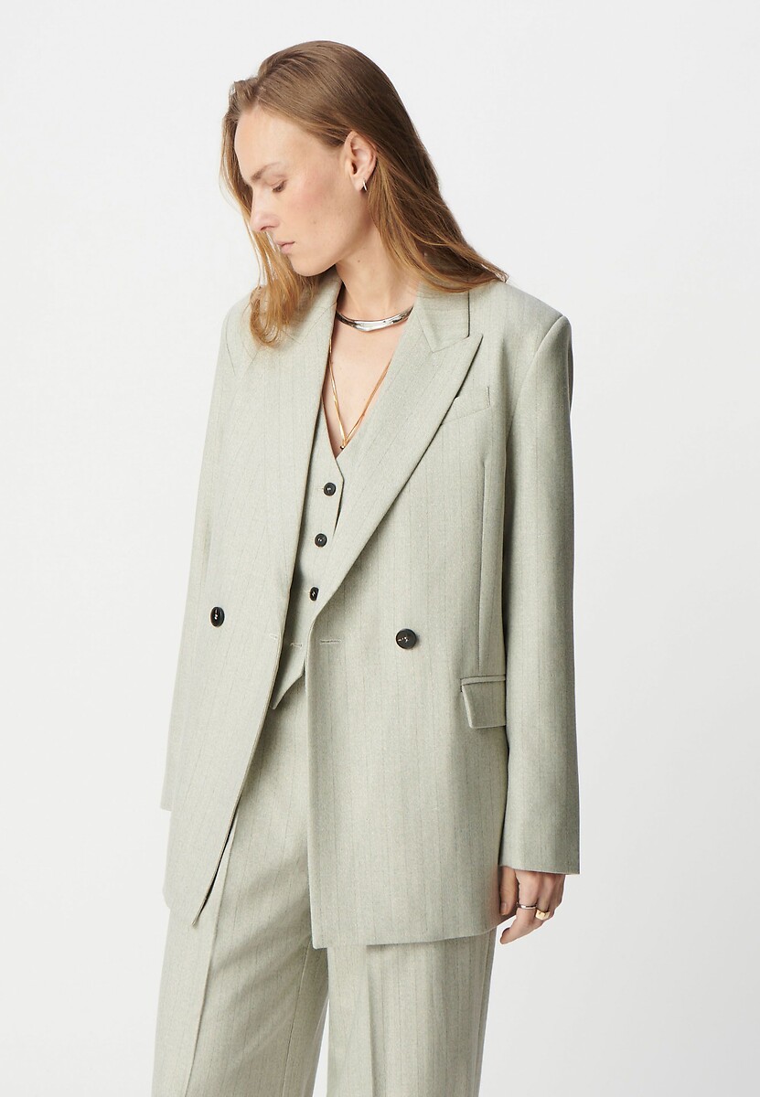 Traje de chaqueta cruzado con finas rayas metálicas Mujer Talla 40. Color Gris