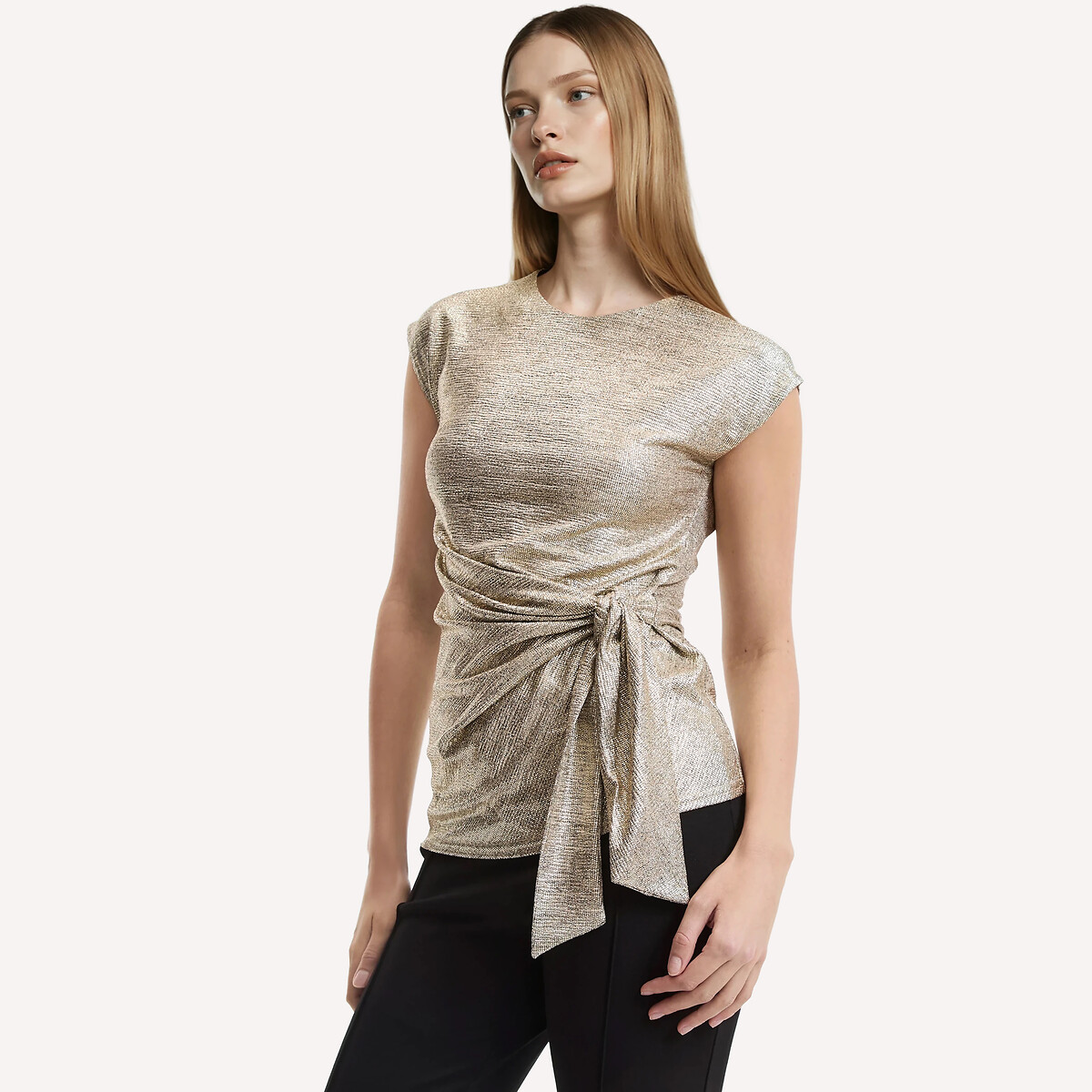Metallic Draped Front Blouse with Short Sleeves, ANNE WEYBURN