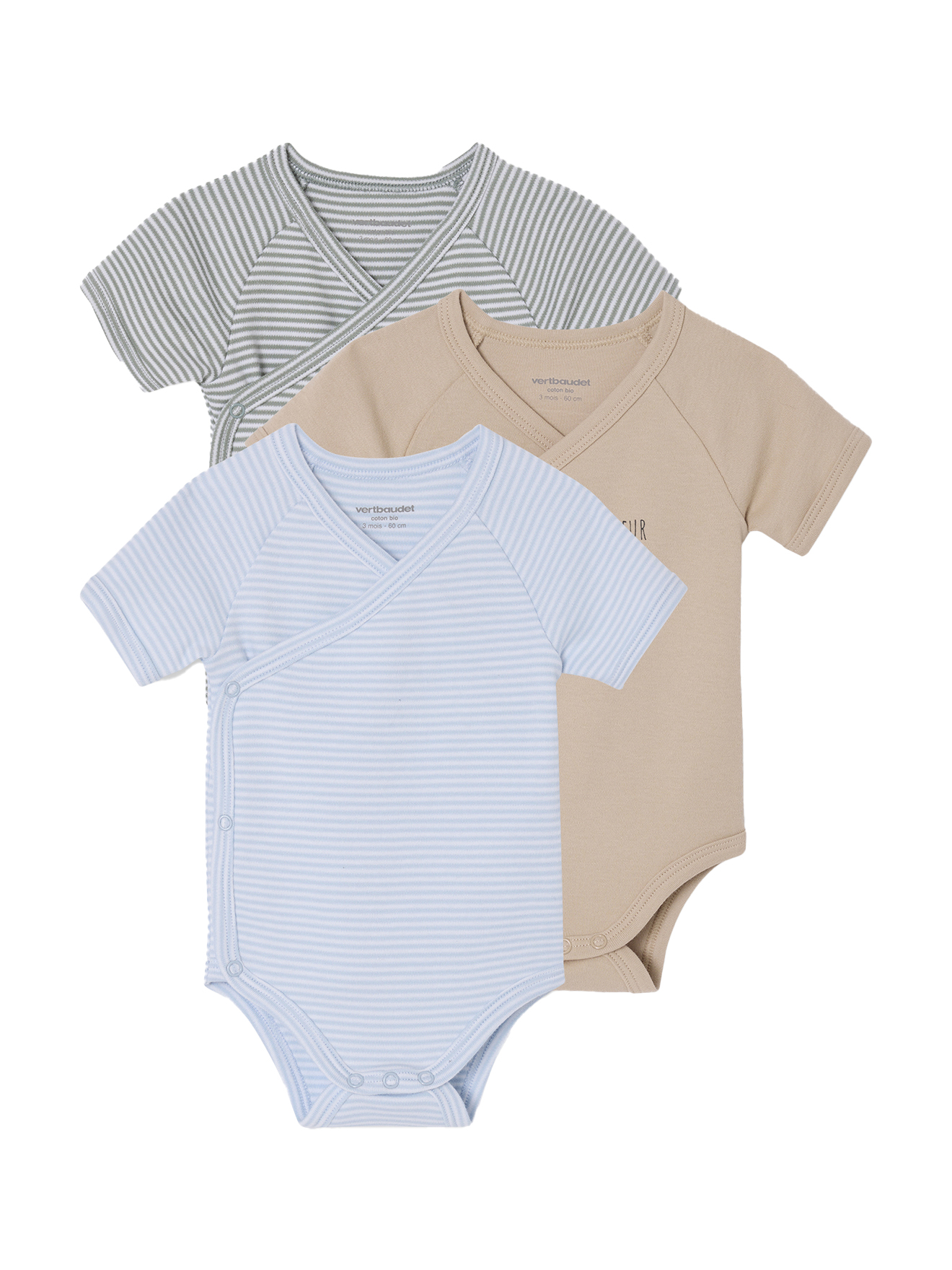 Lot de 3 bodies naissance manches courtes "mon petit cœur", VERTBAUDET