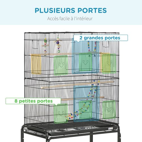 Cage à oiseaux sur roulettes - étagère, 2 portes, 8 trappes, nombreux  accessoires noir Pawhut