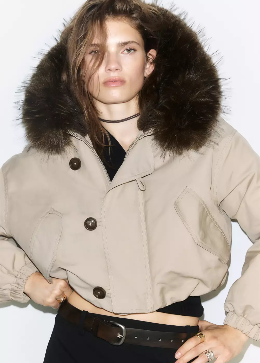 Veste matelassée col imitation fourrure, MANGO