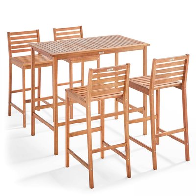 Salon de jardin table de bar et 4 chaises hautes en bois d'eucalyptus OVIALA
