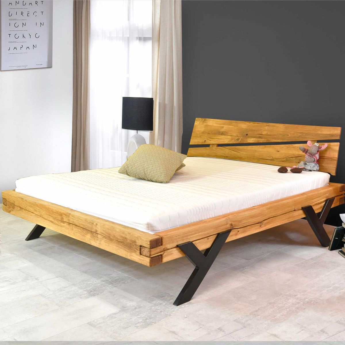lit industriel en pin massif et metal mat y