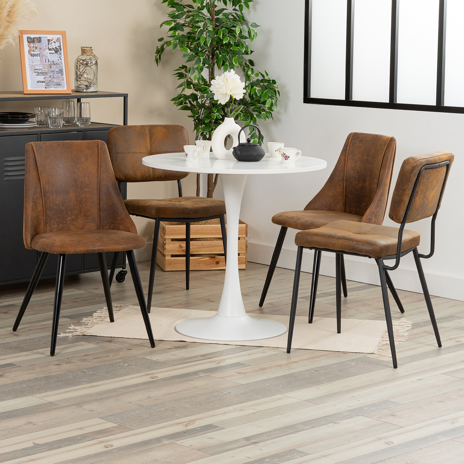 Ensemble table à manger ronde avec 4 chaises, CLIFTWHITESET, MEUBLES COSY