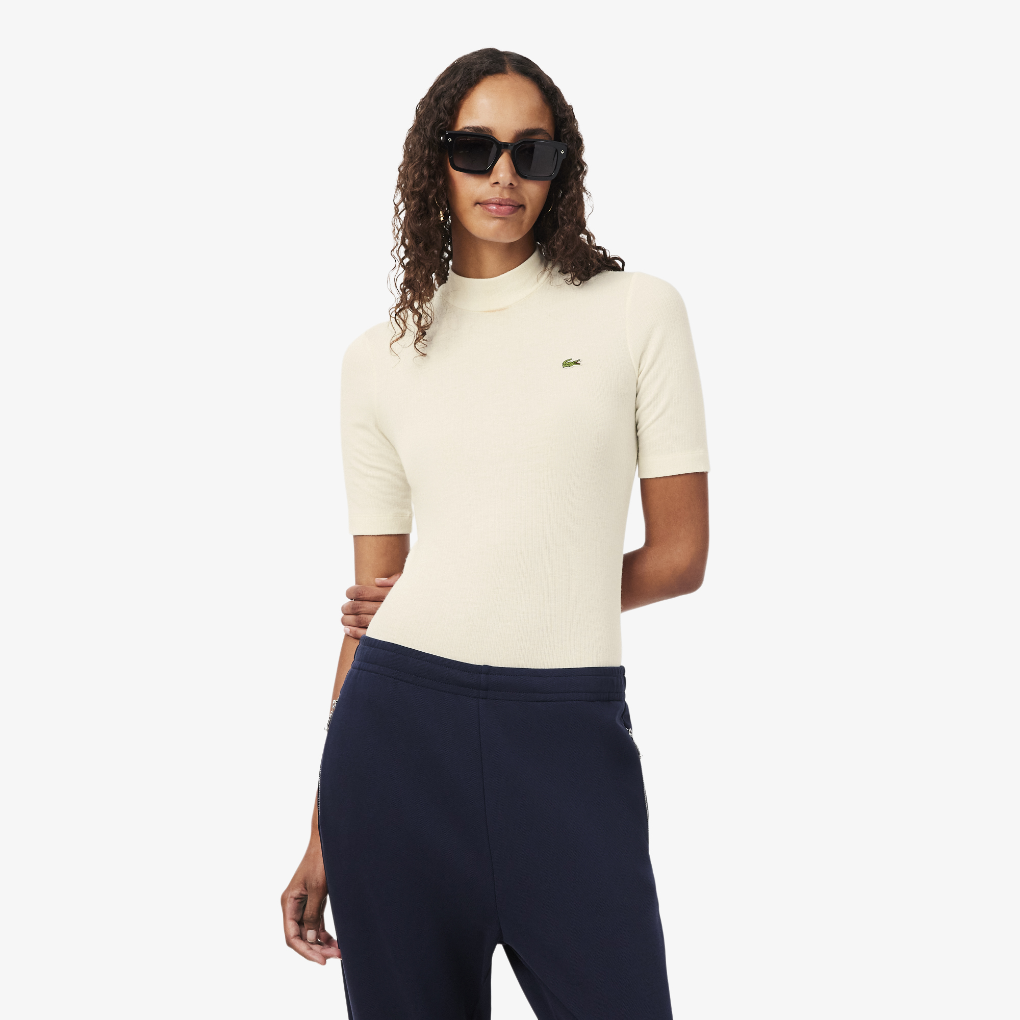 T-shirt col montant maille côtelée laine slim fit, LACOSTE