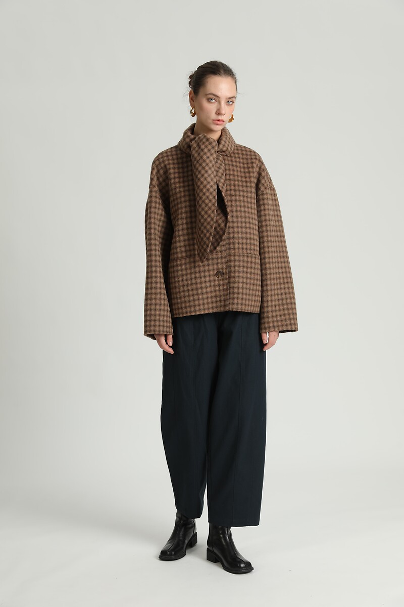 Veste en laine majoritaire, à carreaux, écharpe intégrée, SEE U SOON