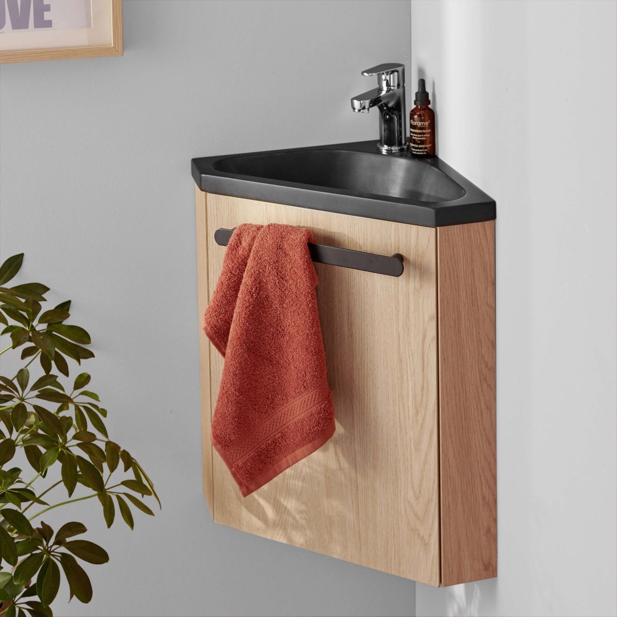 Ensemble meuble lave-mains d'angle skino +robinet décor chêne Mob