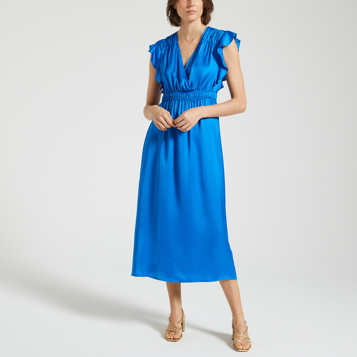 Image of Candy Satin Midi Dress with Ruffles and Short Sleeves