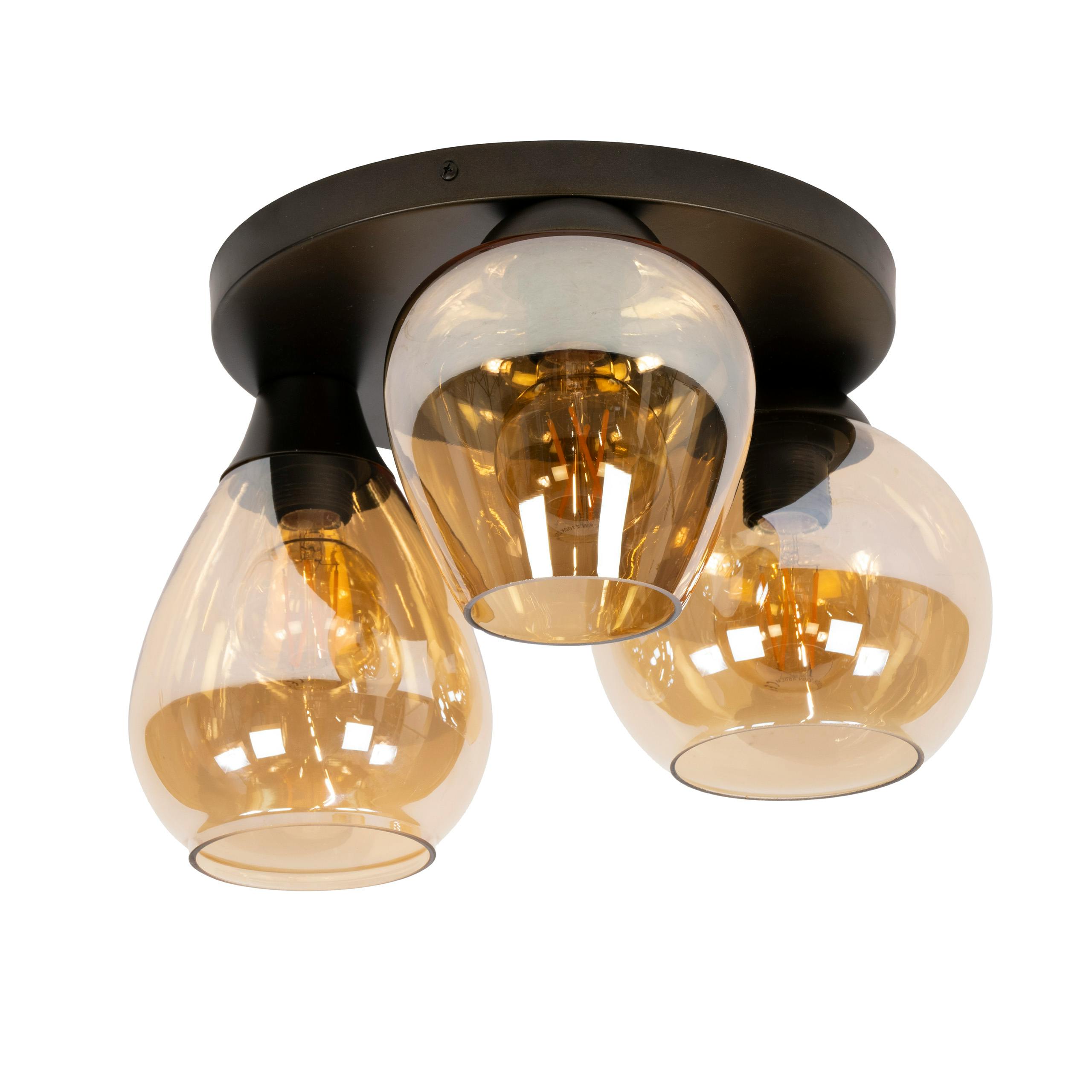 Plafonnier verre ambré métal bronze 3 lampes NOVA, PIER IMPORT