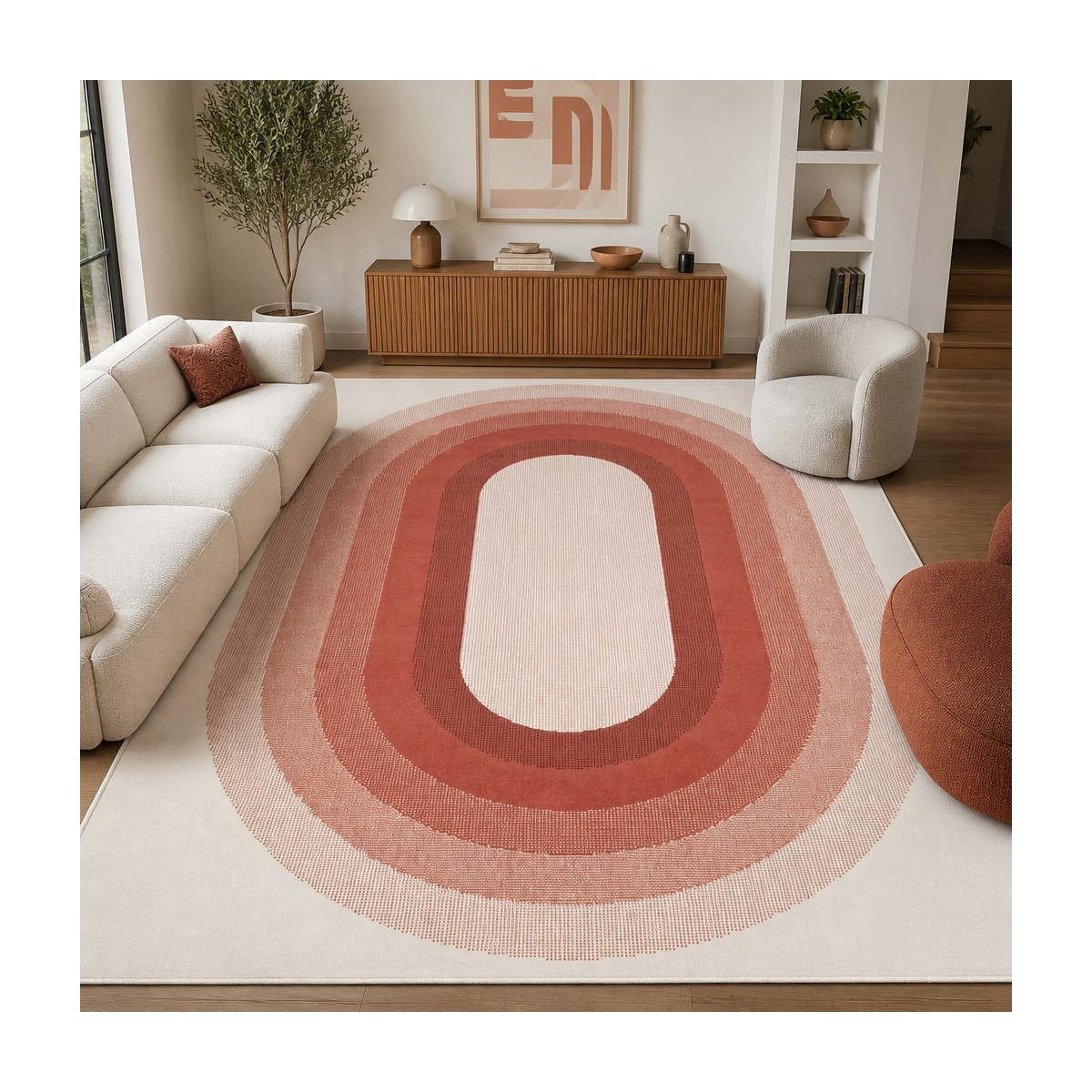 Tapis motif géométrique ovale dégradé, style rétro 70's, UN AMOUR DE TAPIS