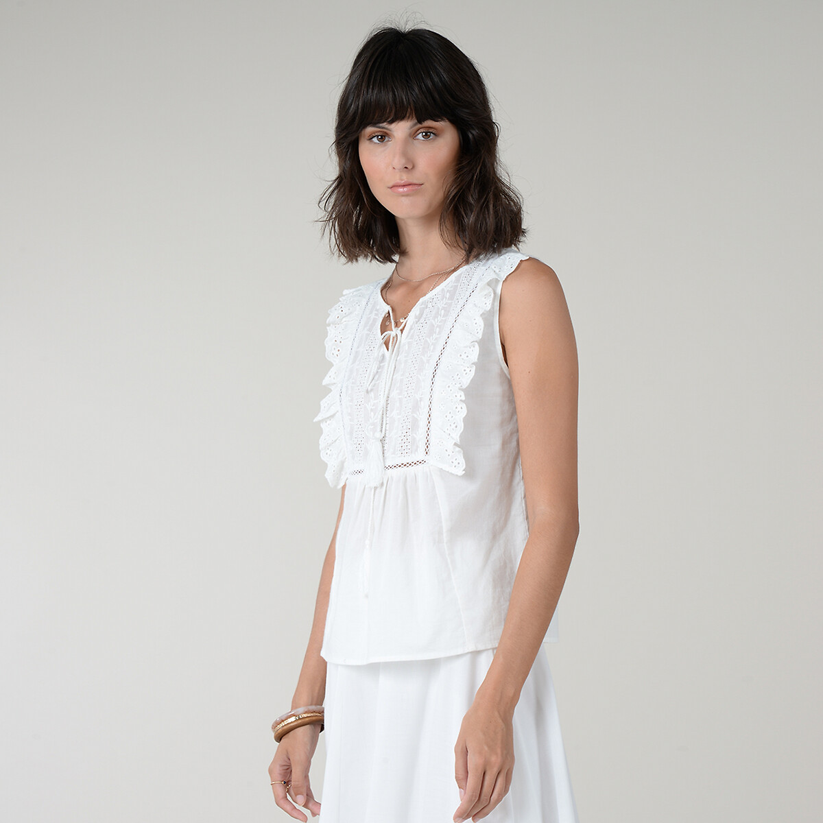 Embroidered cotton sleeveless blouse , white, Molly Bracken | La Redoute