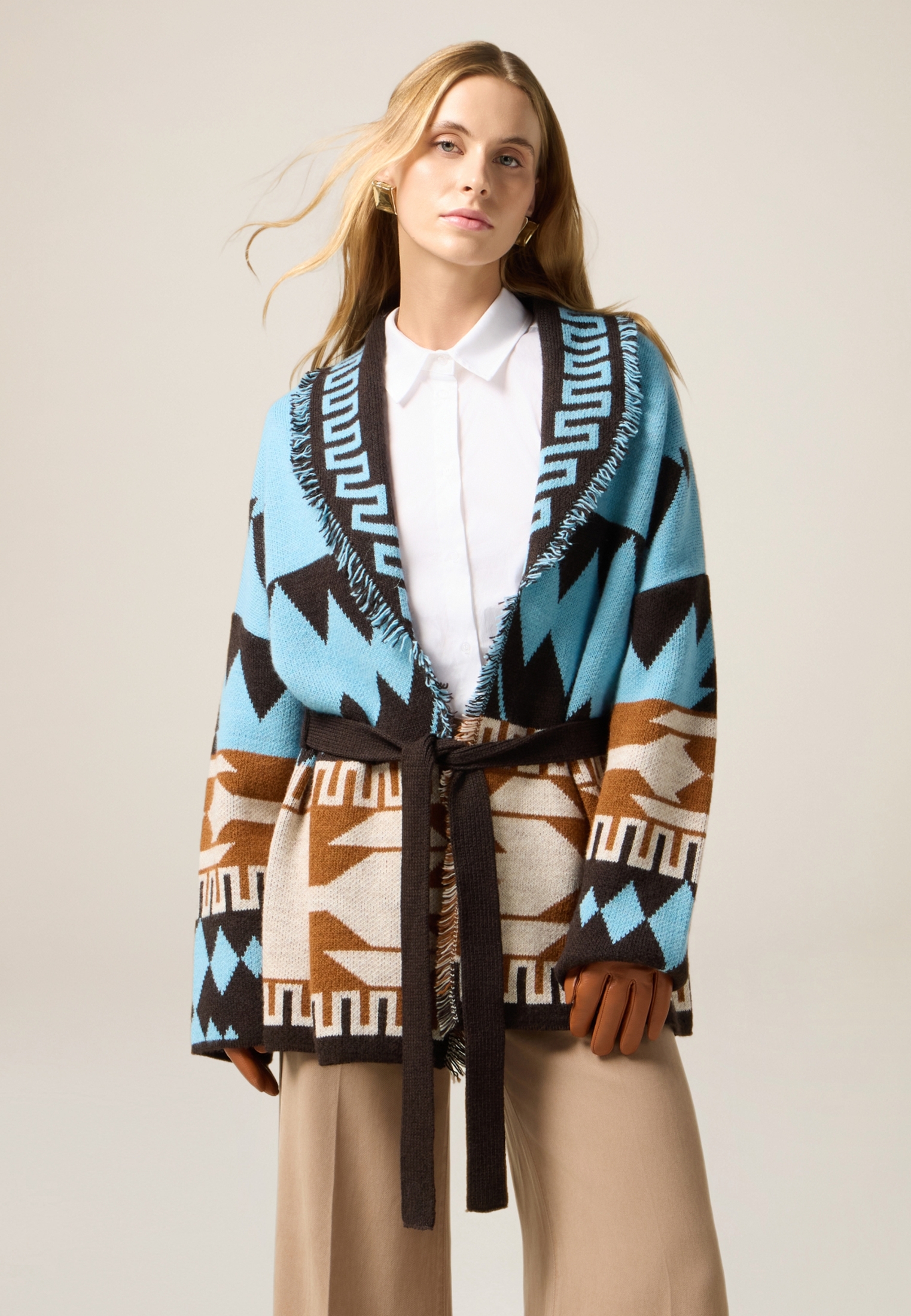 Cardigan jacquard à franges, OLTRE