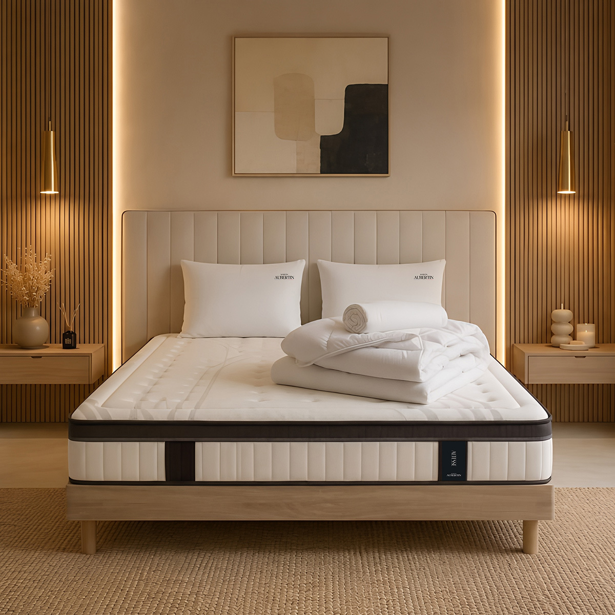 Ensemble Altesse + sommier bois + accessoires - Mousse HD mémoire - Ép. 26 cm - 27 cm d'épaisseur, MAISON AUBERTIN