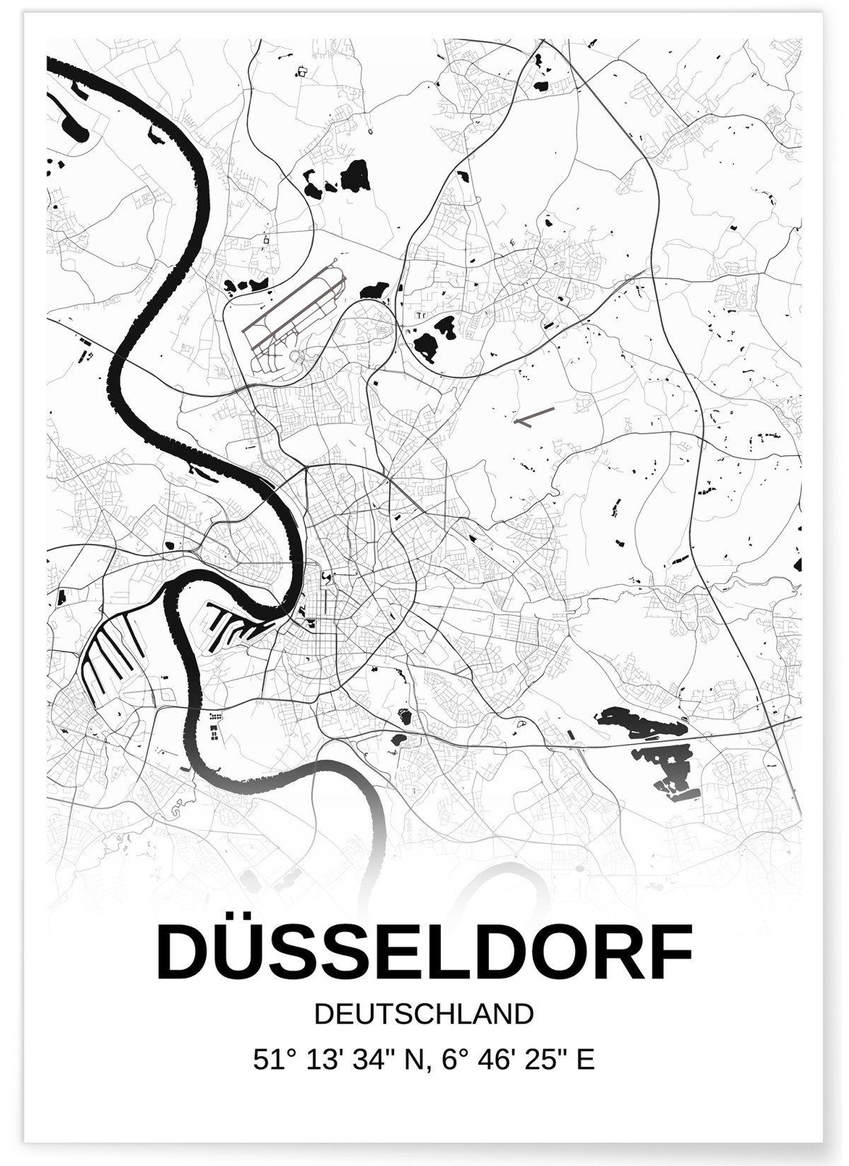 Affiche carte Düsseldorf - rectangle Noir et Blanc, L'AFFICHERIE