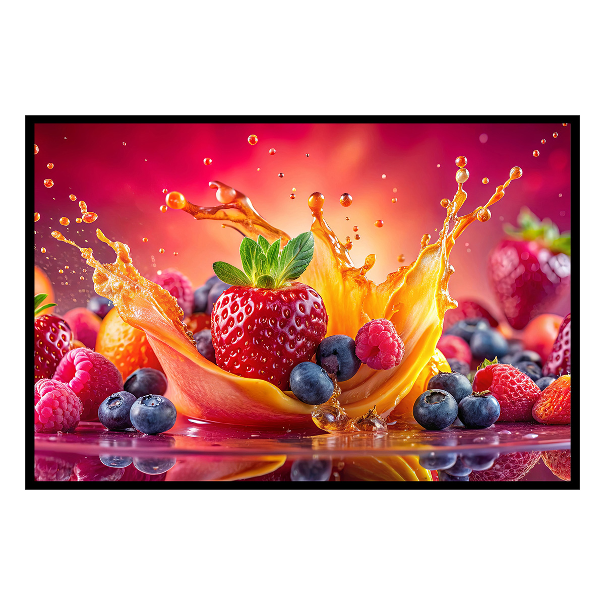 Affiche encadrée fruits éclaboussés sur fond noir, HEXOA