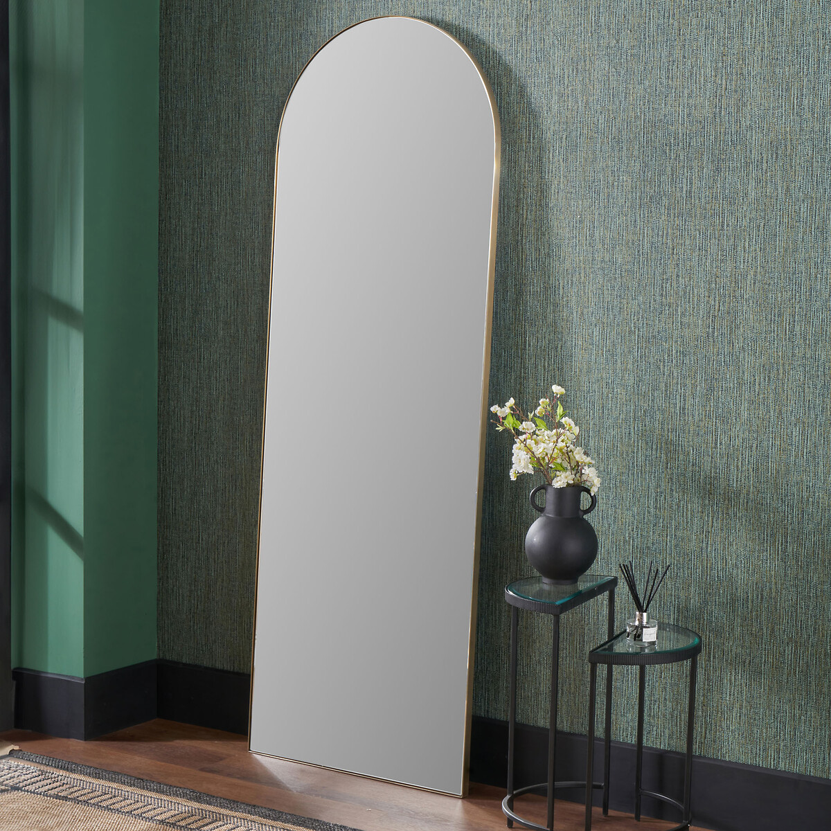 200cm Brushed Gold Metal Slim Frame Arch Floor Mirror, SO'HOME