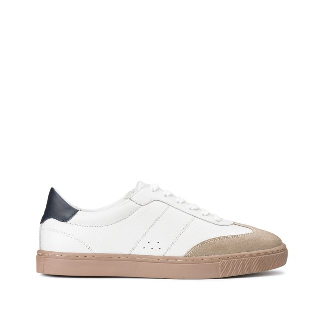 Dual fabric trainers in grained leather white La Redoute Collections ...